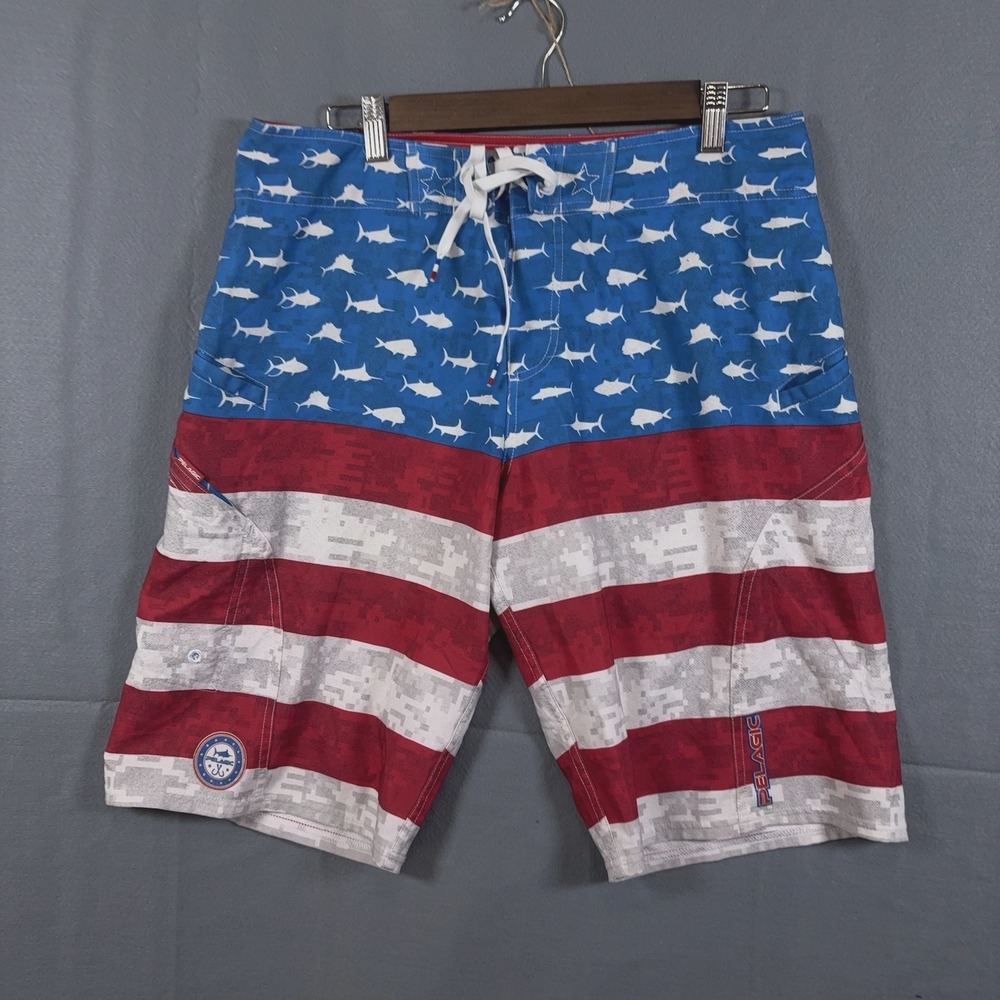 Pelagic Board Shorts Mens 32 Red White Blue Sharkskin Technology USA Patriot